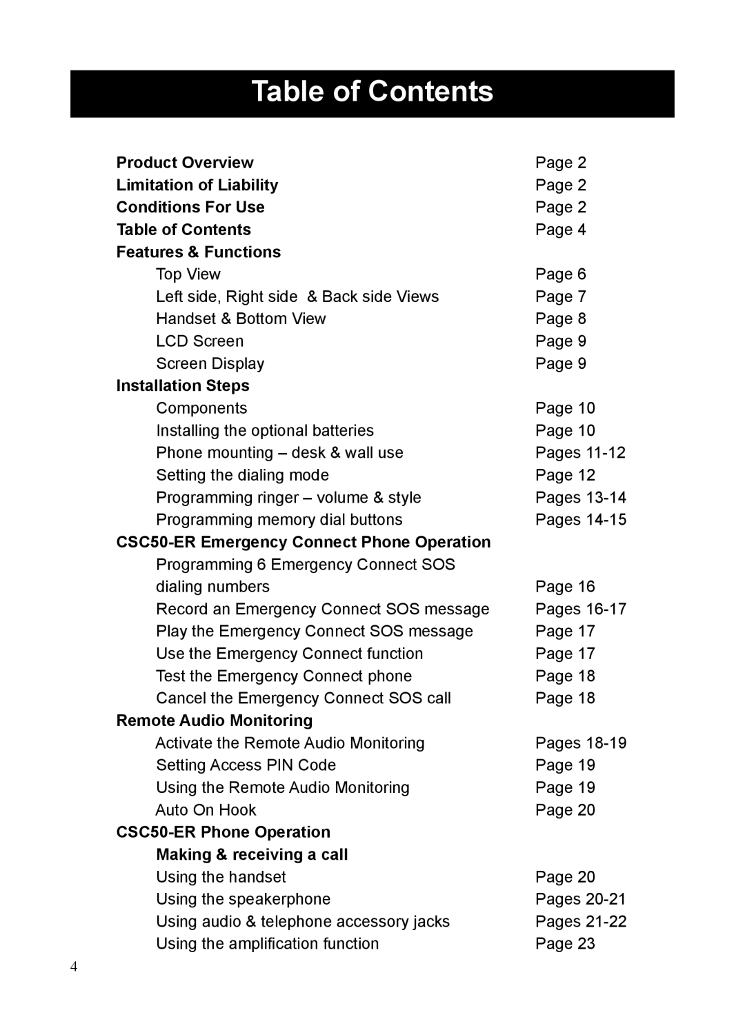 ClearSounds CSC50-ER manual Table of Contents 