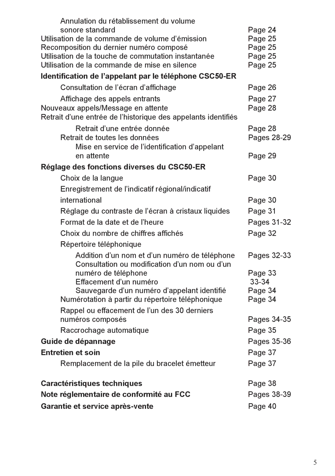 ClearSounds manual Réglage des fonctions diverses du CSC50-ER, Guide de dépannage, Entretien et soin 