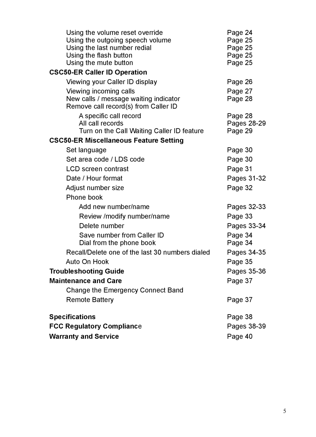 ClearSounds manual CSC50-ER Caller ID Operation, CSC50-ER Miscellaneous Feature Setting, Troubleshooting Guide 