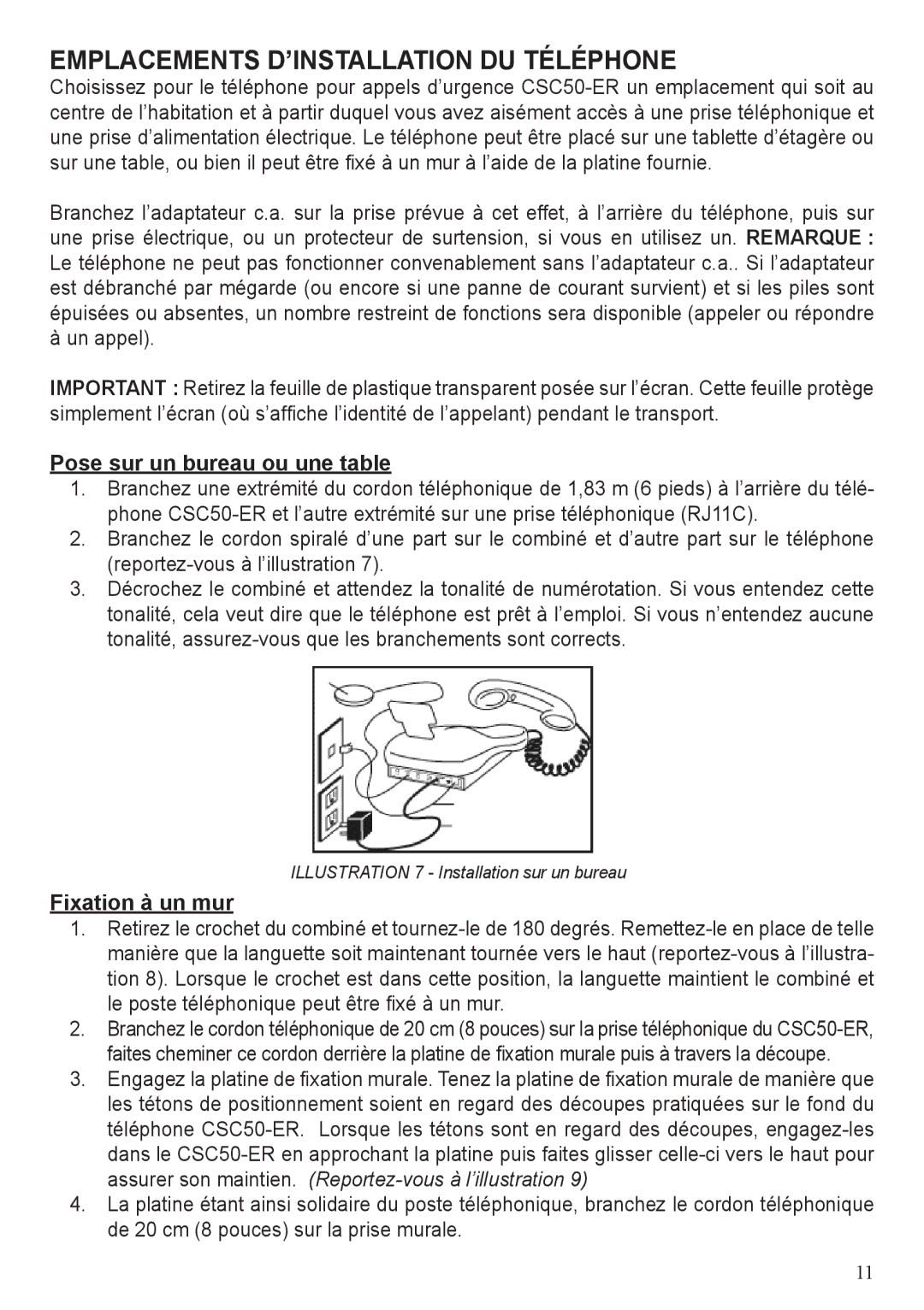 ClearSounds CSC50-ER manual Emplacements D’INSTALLATION DU Téléphone, Pose sur un bureau ou une table, Fixation à un mur 