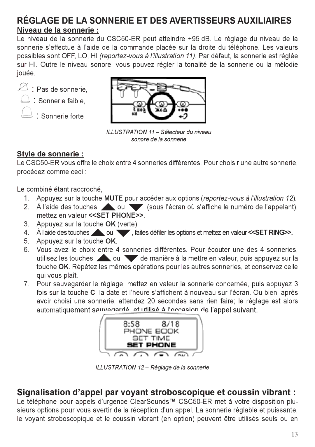 ClearSounds CSC50-ER Réglage DE LA Sonnerie ET DES Avertisseurs Auxiliaires, Niveau de la sonnerie, Style de sonnerie 