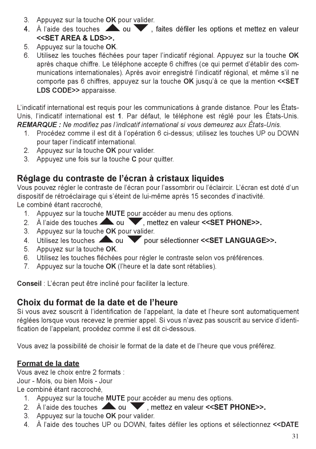 ClearSounds CSC50-ER manual Réglage du contraste de l’écran à cristaux liquides, Choix du format de la date et de l’heure 