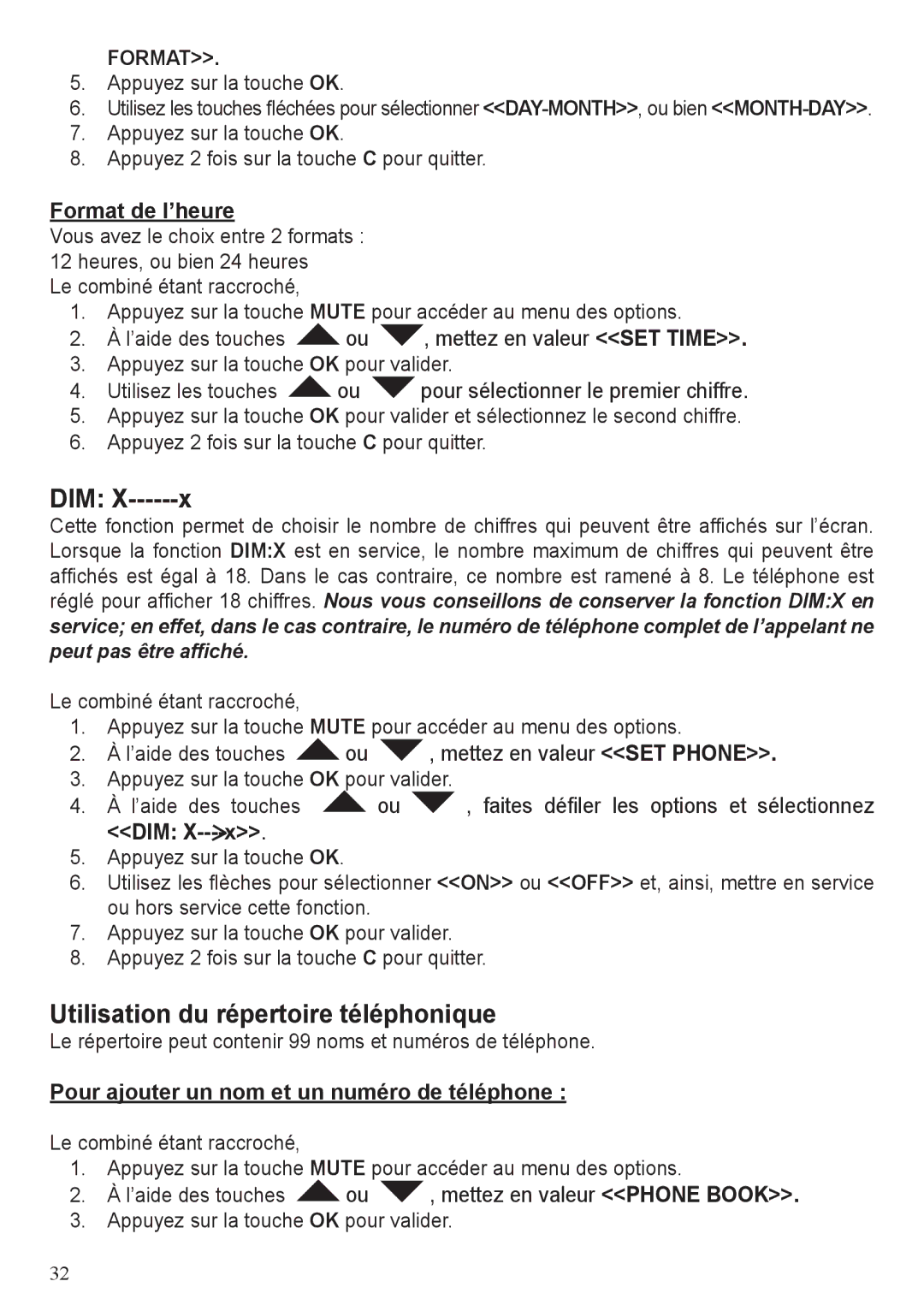 ClearSounds CSC50-ER manual Utilisation du répertoire téléphonique, Format de l’heure, Dim 