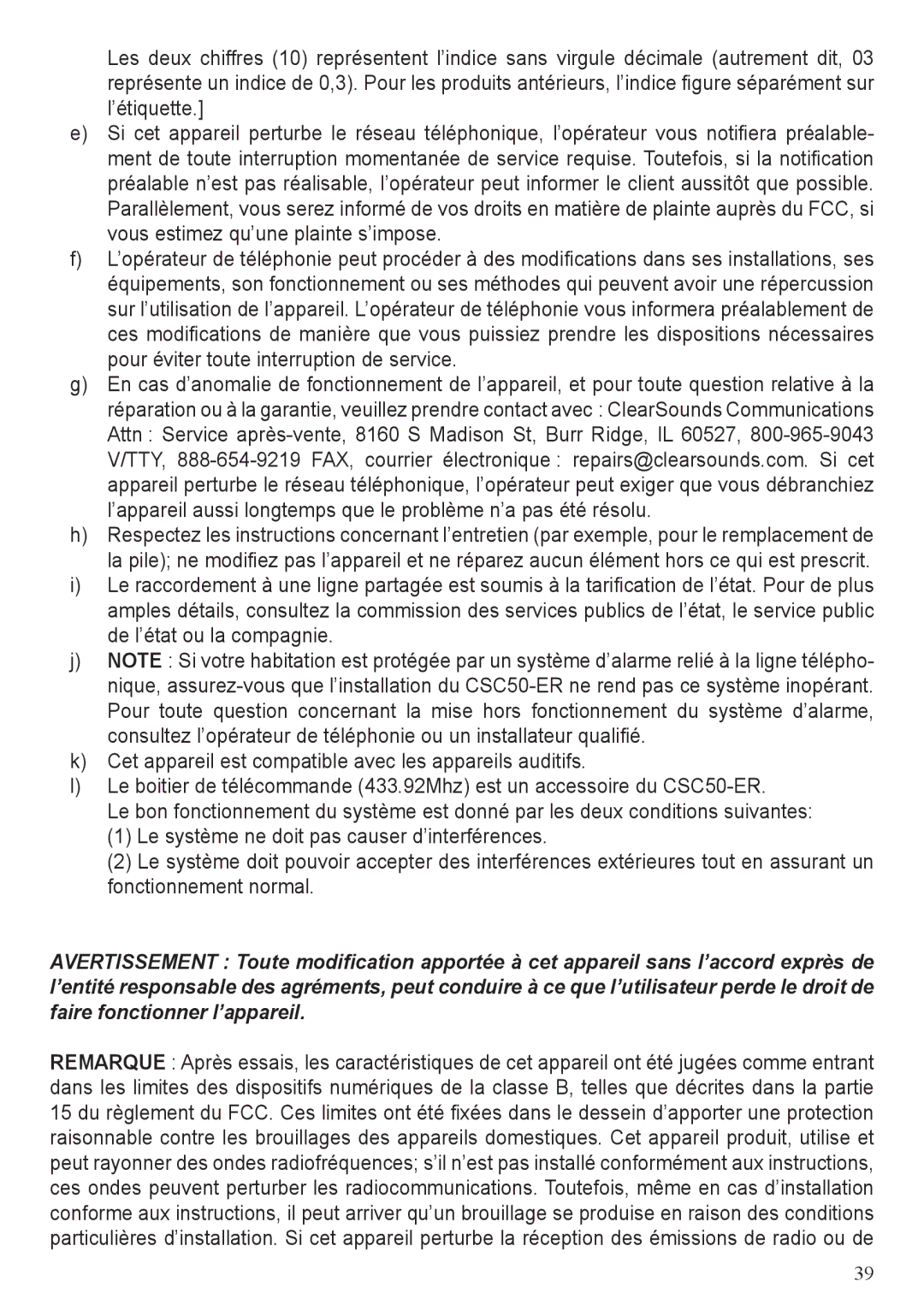 ClearSounds CSC50-ER manual 