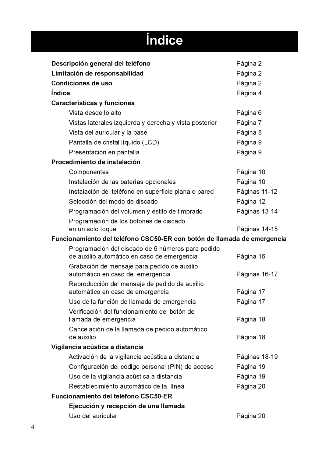 ClearSounds CSC50-ER manual Índice, Características y funciones 