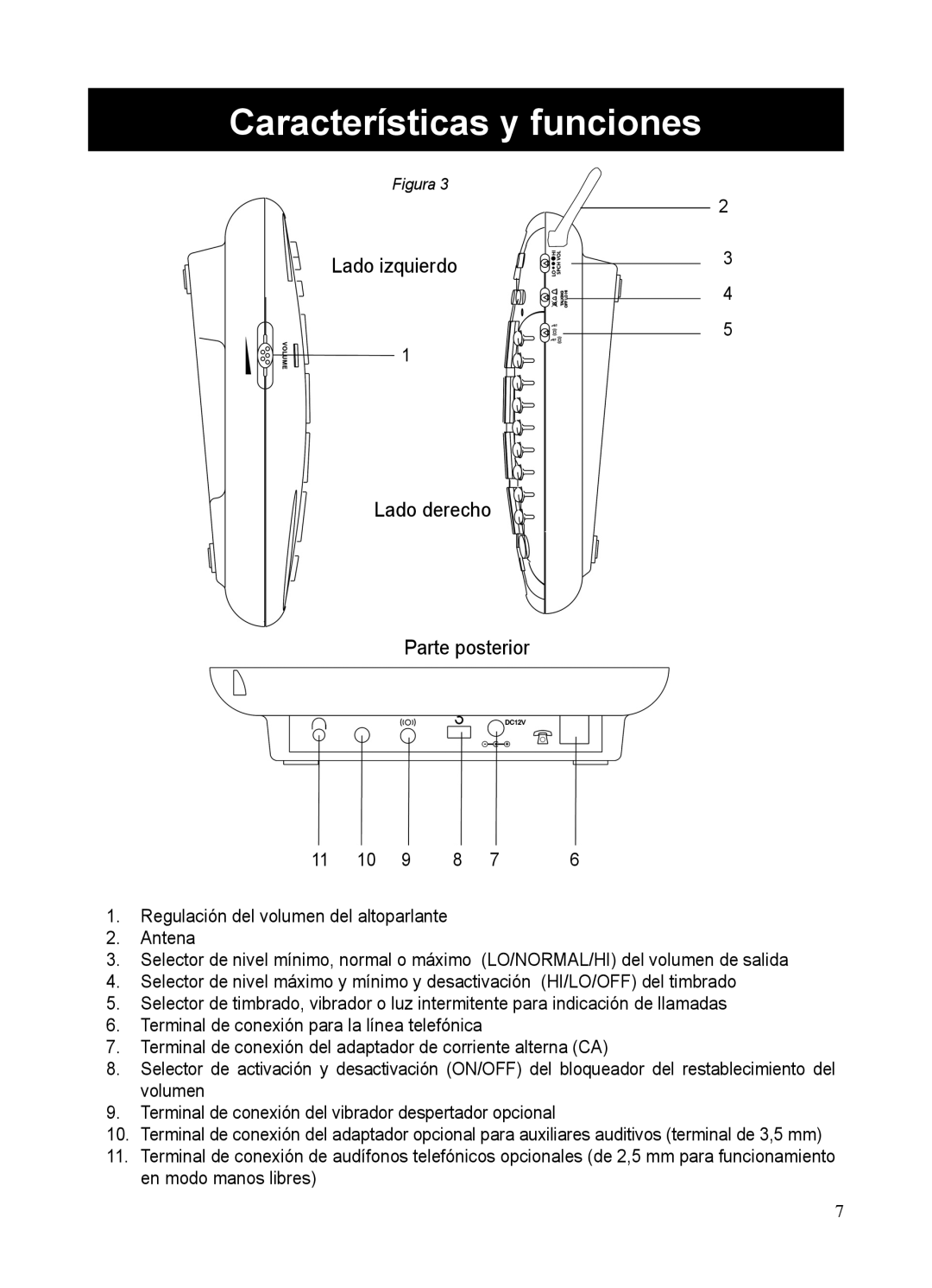 ClearSounds CSC50-ER manual Lado izquierdo Lado derecho Parte posterior 