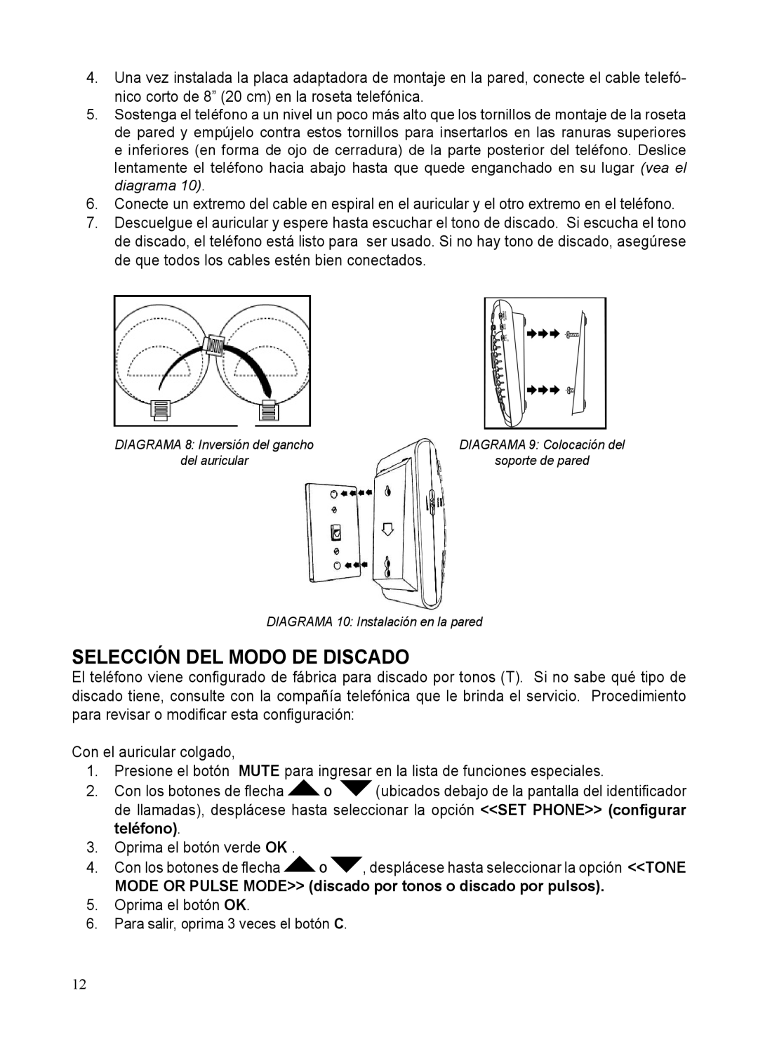 ClearSounds CSC50-ER manual Selección DEL Modo DE Discado, Mode or Pulse Mode discado por tonos o discado por pulsos 