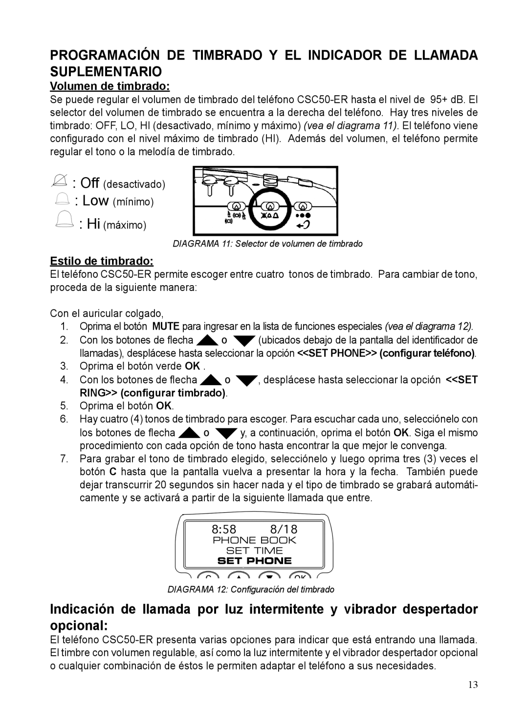 ClearSounds CSC50-ER manual Volumen de timbrado, Estilo de timbrado, Con los botones de ﬂecha, Ring conﬁgurar timbrado 