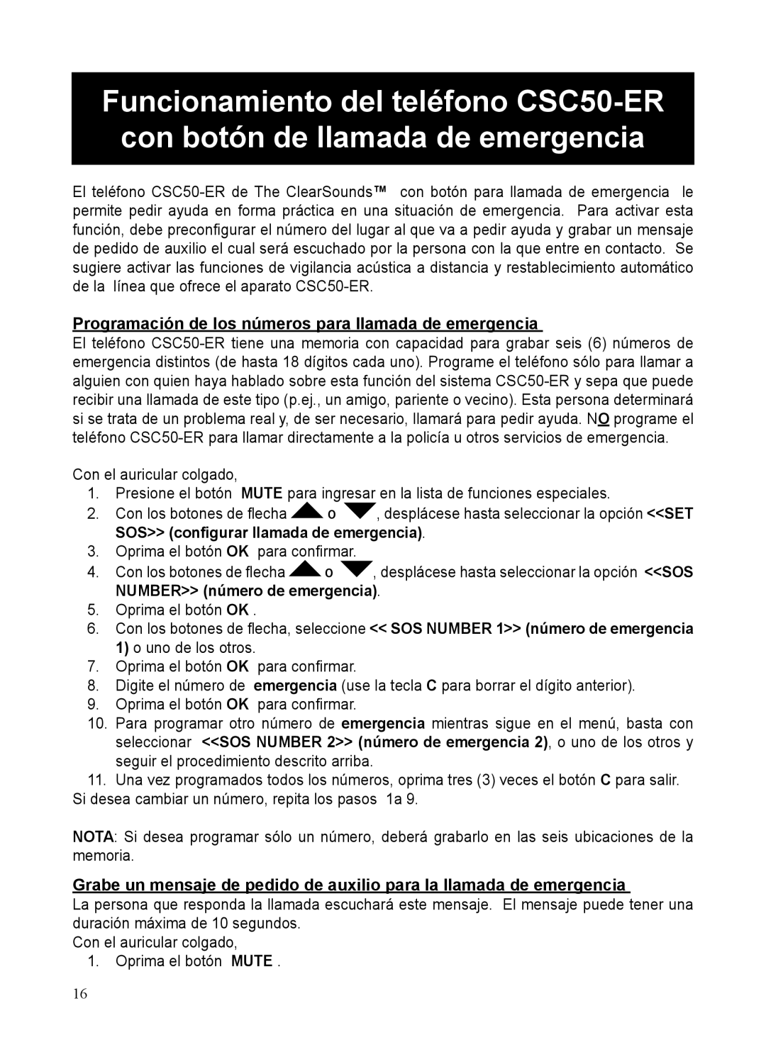 ClearSounds CSC50-ER manual Programación de los números para llamada de emergencia, SOS conﬁgurar llamada de emergencia 