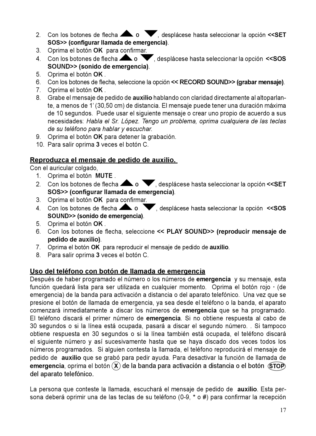 ClearSounds CSC50-ER manual Sound sonido de emergencia, Reproduzca el mensaje de pedido de auxilio, Del aparato telefónico 