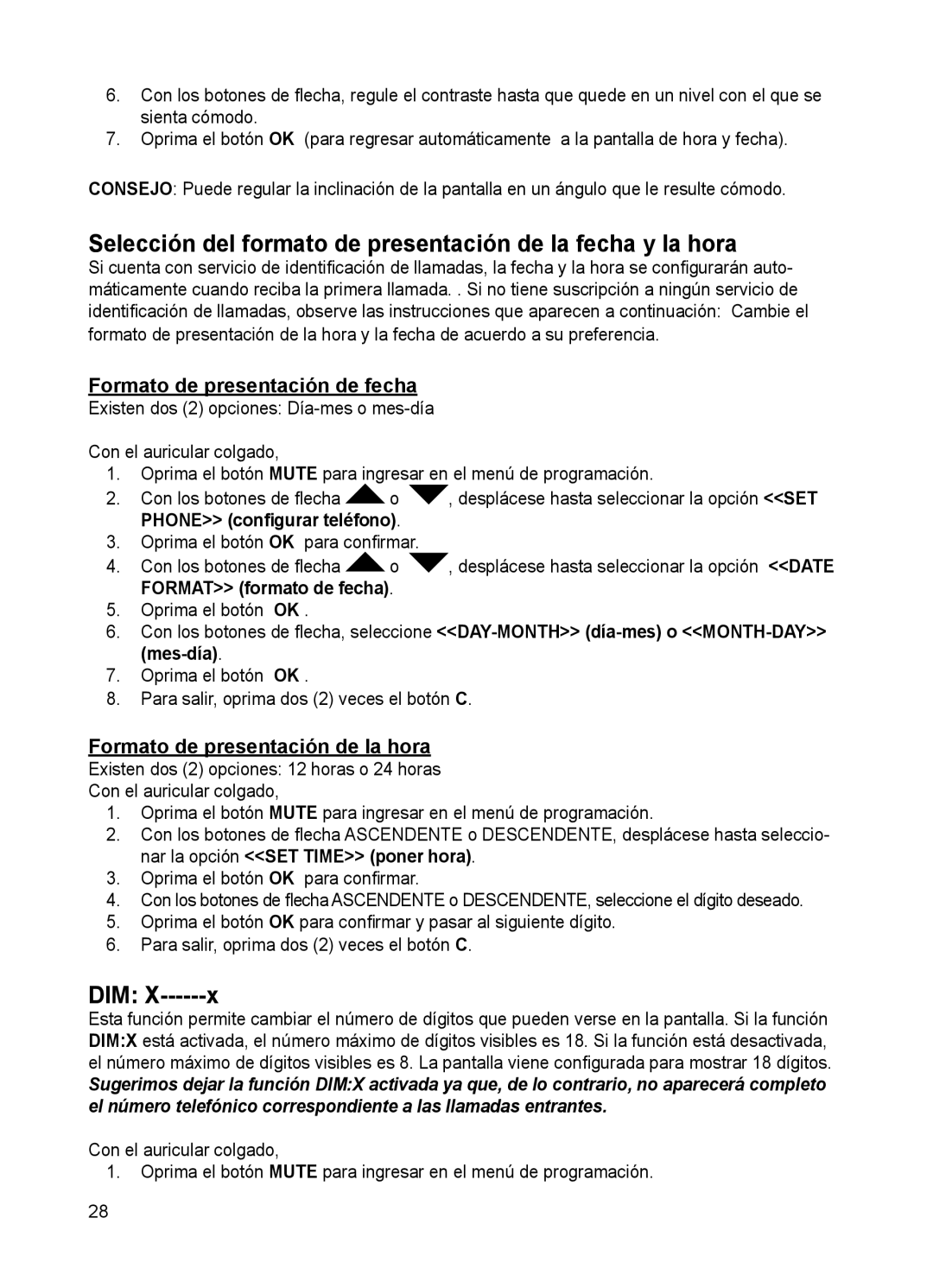 ClearSounds CSC50 user manual Selección del formato de presentación de la fecha y la hora, Formato de presentación de fecha 