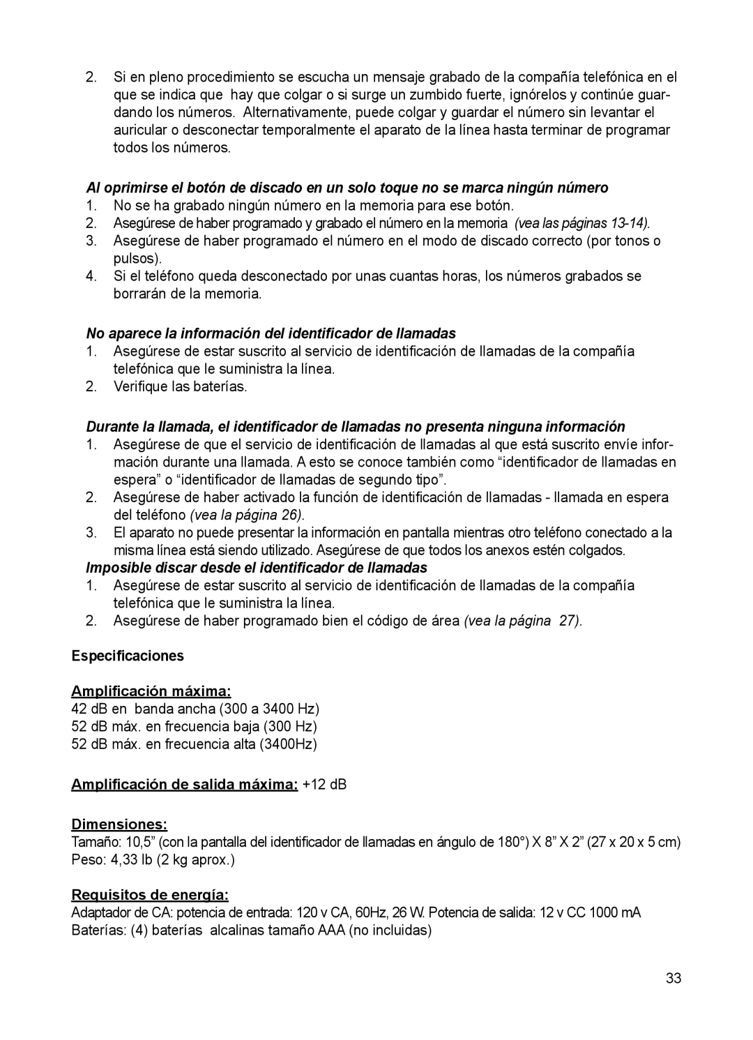 ClearSounds CSC50 user manual Especiﬁcaciones Ampliﬁcación máxima, Ampliﬁcación de salida máxima +12 dB Dimensiones 