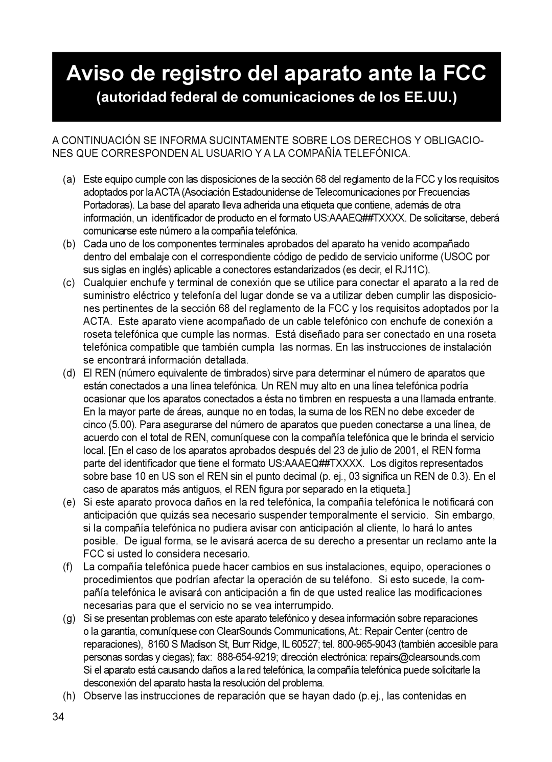 ClearSounds CSC50 user manual Aviso de registro del aparato ante la FCC, Autoridad federal de comunicaciones de los EE.UU 