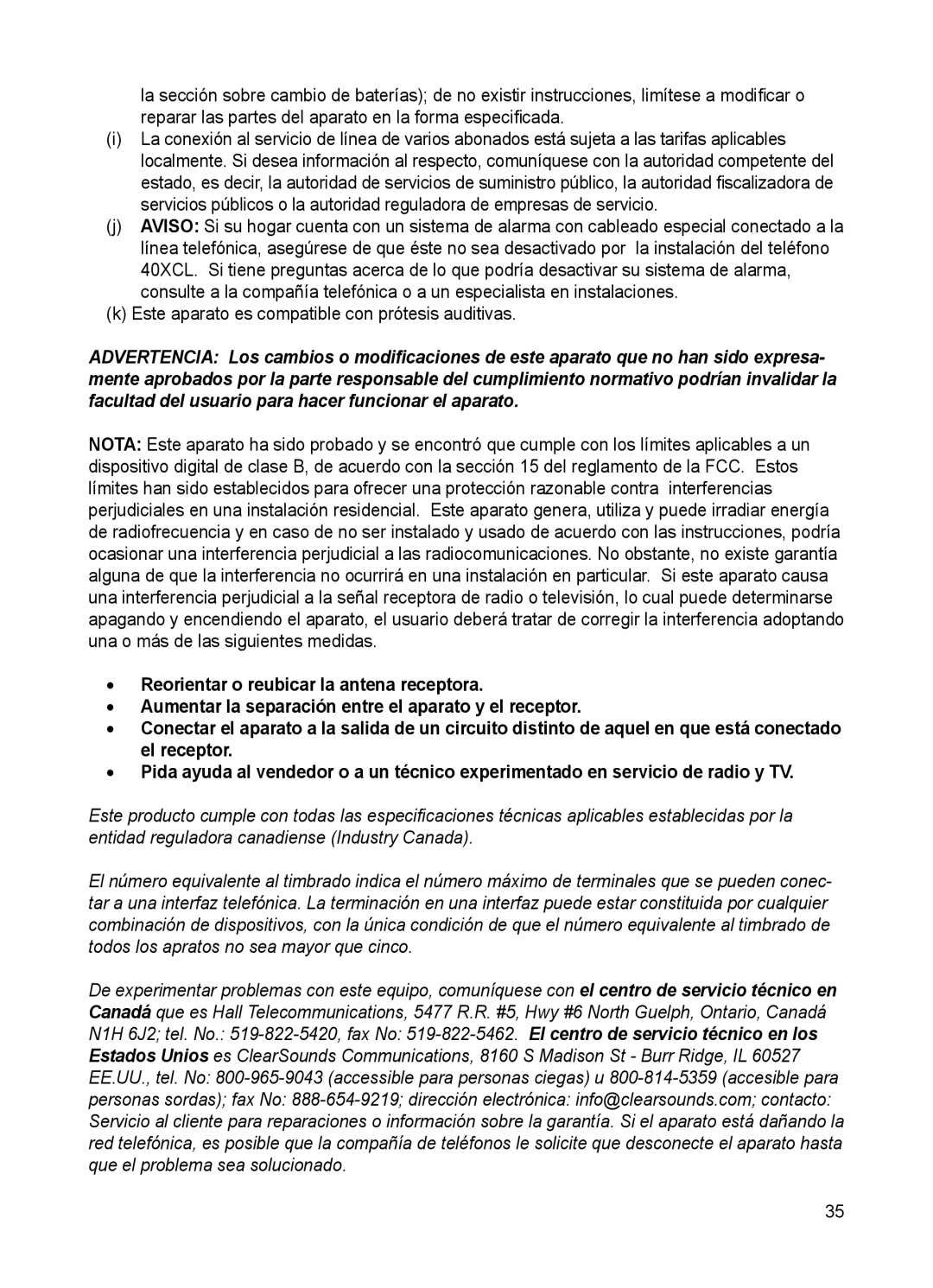 ClearSounds CSC50 user manual Este aparato es compatible con prótesis auditivas 