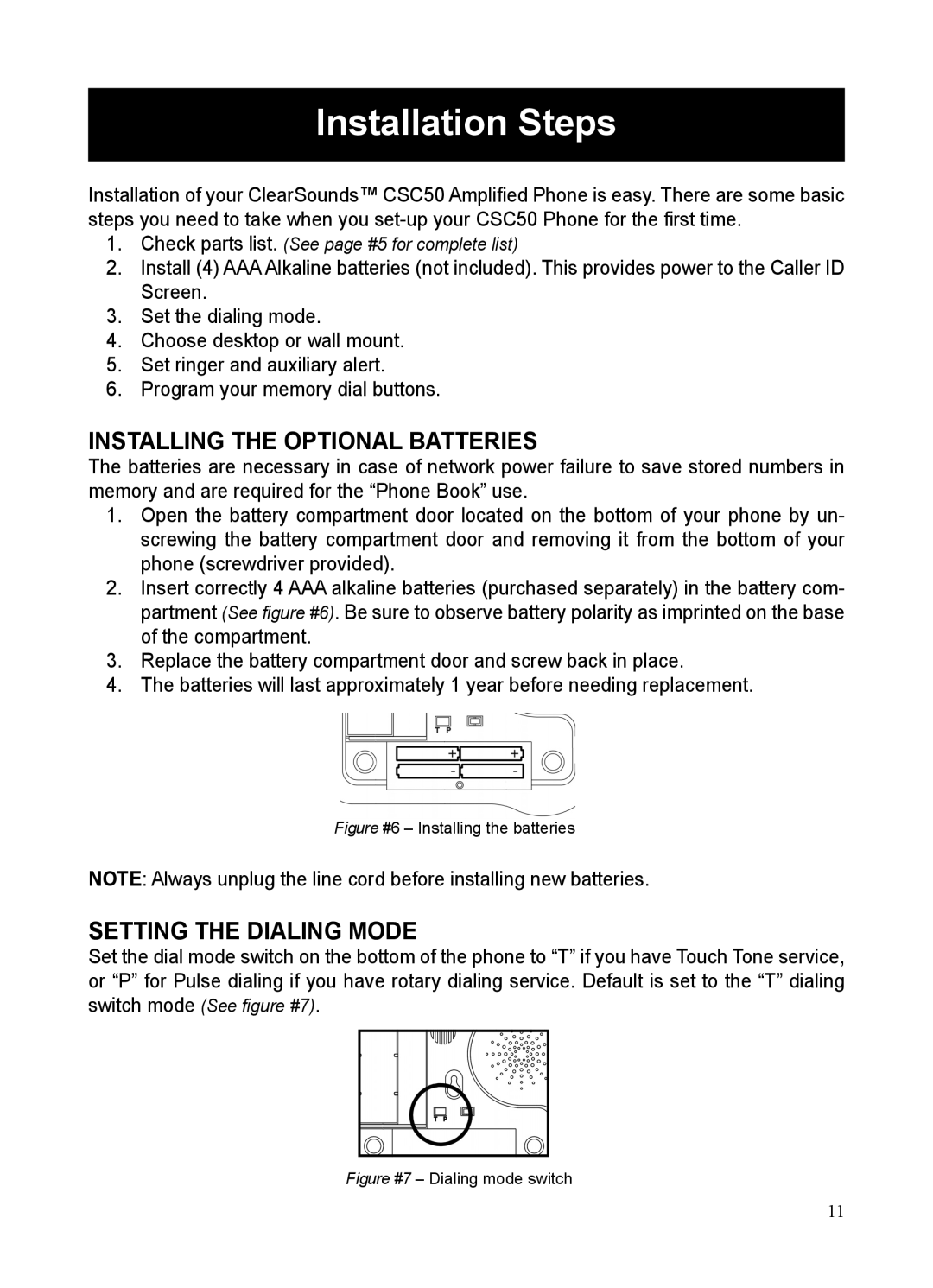 ClearSounds CSC50 user manual Installation Steps, Installing the Optional Batteries, Setting the Dialing Mode 