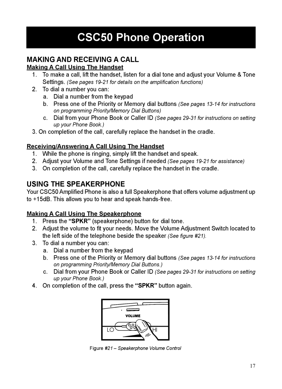 ClearSounds user manual CSC50 Phone Operation, Making and Receiving a Call, Using the Speakerphone 