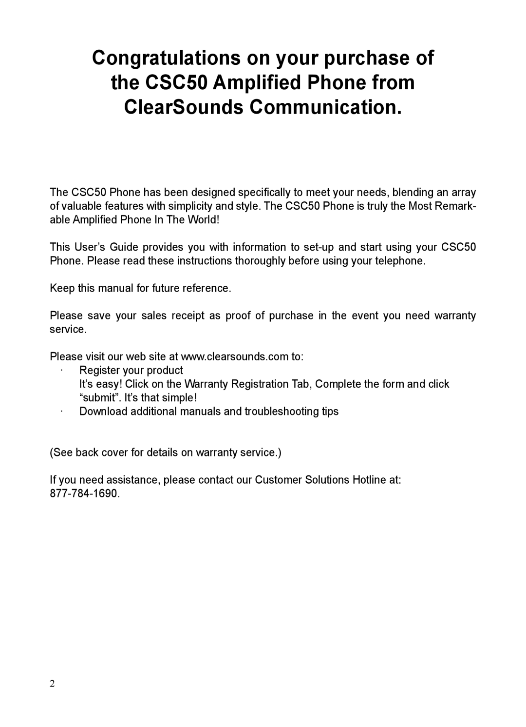 ClearSounds CSC50 user manual Congratulations on your purchase 