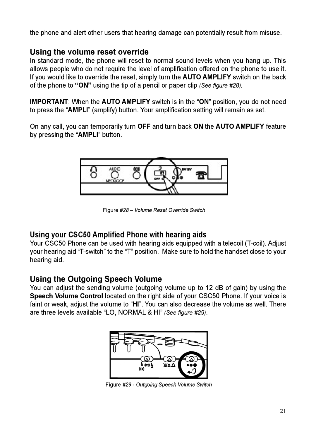 ClearSounds user manual Using the volume reset override, Using your CSC50 Ampliﬁed Phone with hearing aids 