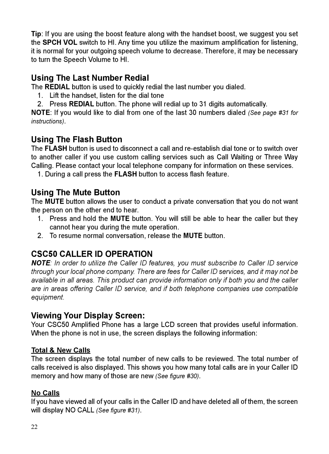 ClearSounds Using The Last Number Redial, Using The Flash Button, Using The Mute Button, CSC50 Caller ID Operation 