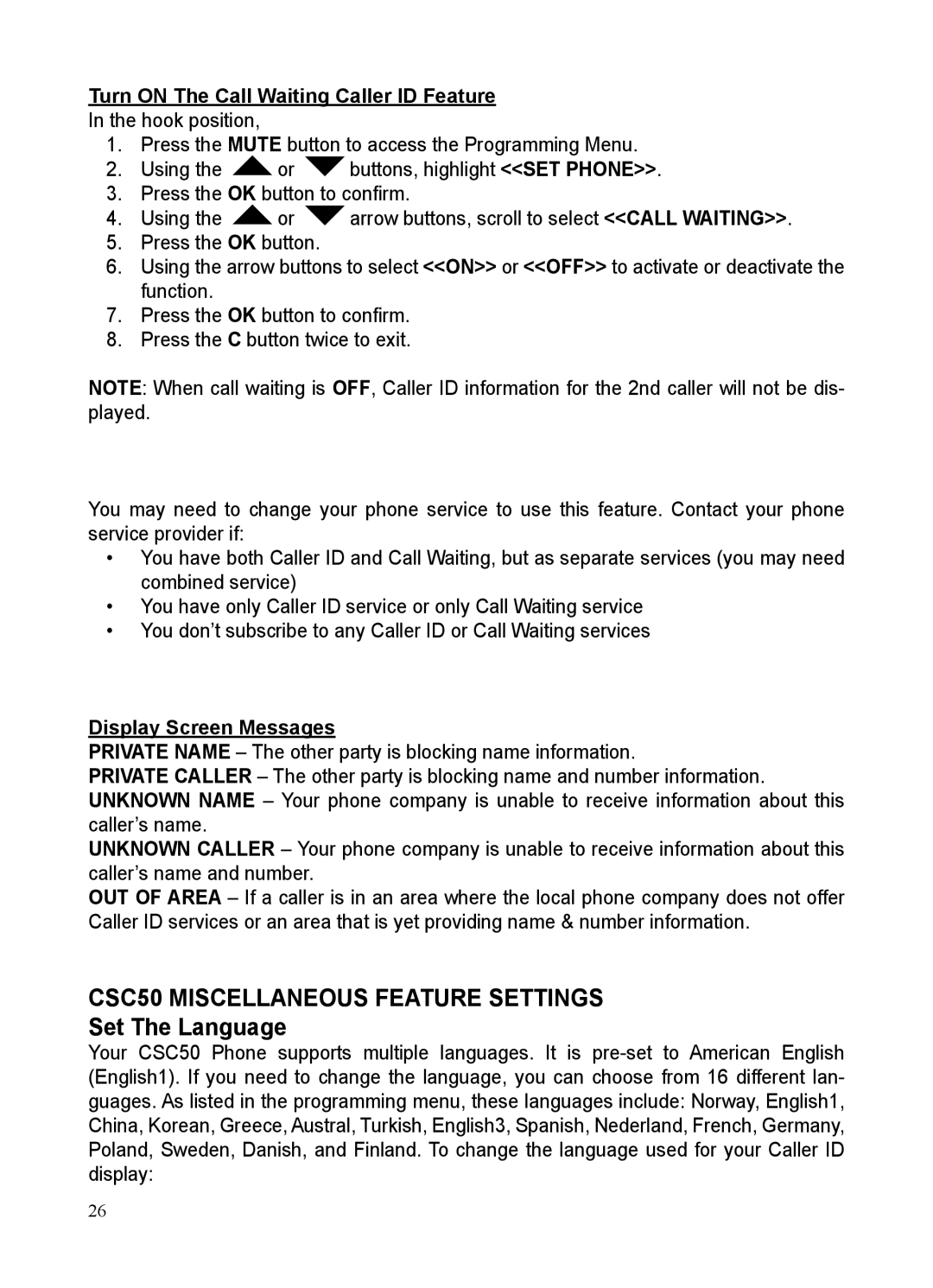 ClearSounds CSC50 Miscellaneous Feature Settings, Set The Language, Turn on The Call Waiting Caller ID Feature 