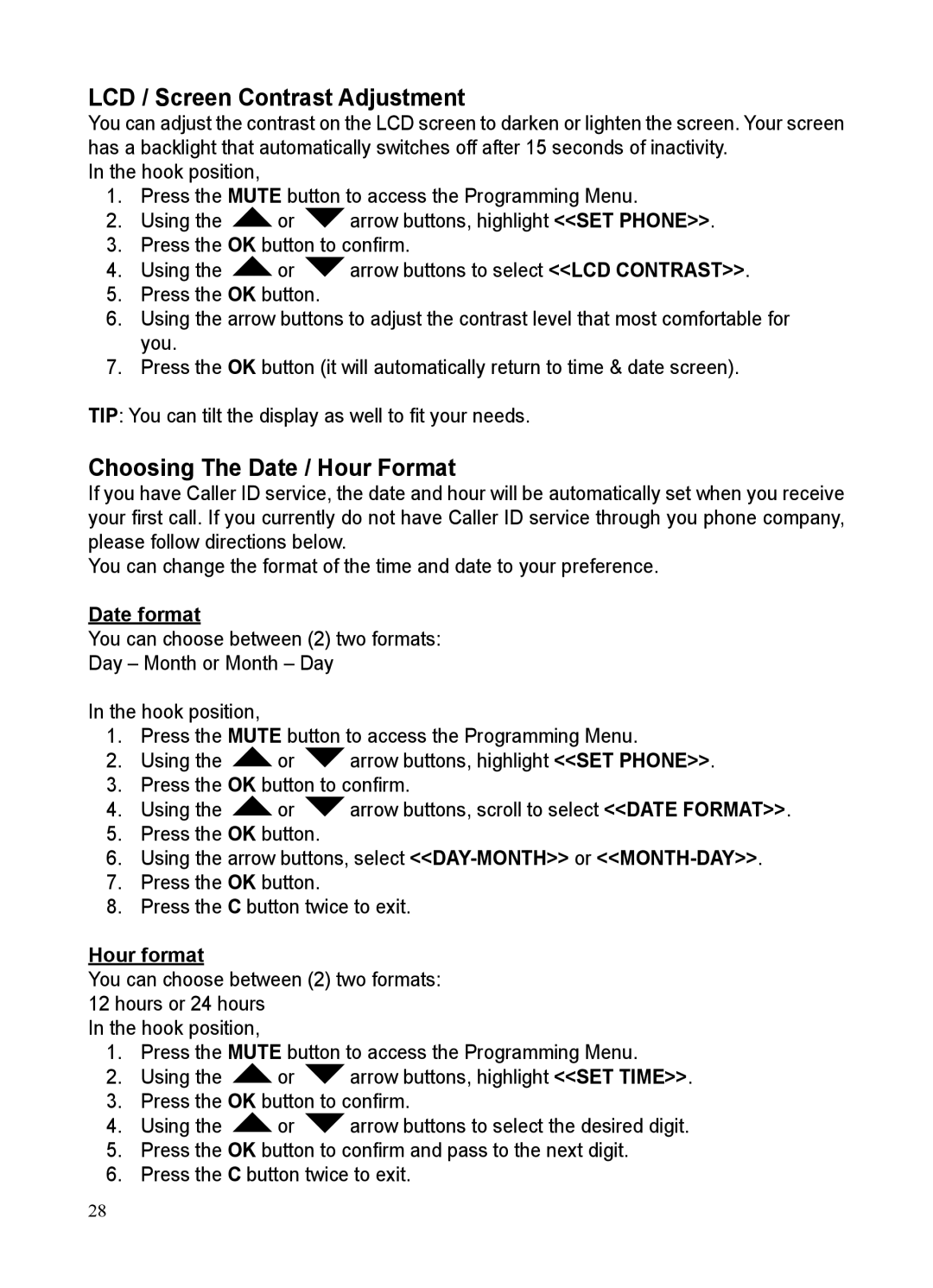 ClearSounds CSC50 user manual LCD / Screen Contrast Adjustment, Choosing The Date / Hour Format, Date format, Hour format 