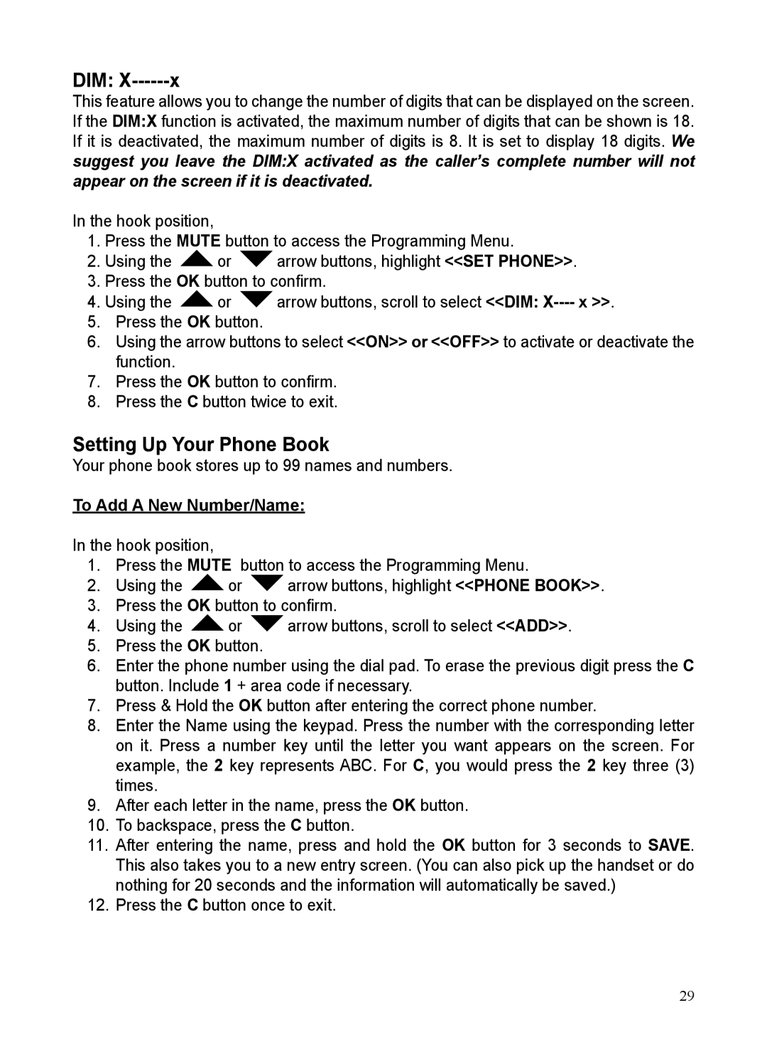 ClearSounds CSC50 user manual Dim, Setting Up Your Phone Book, To Add a New Number/Name 