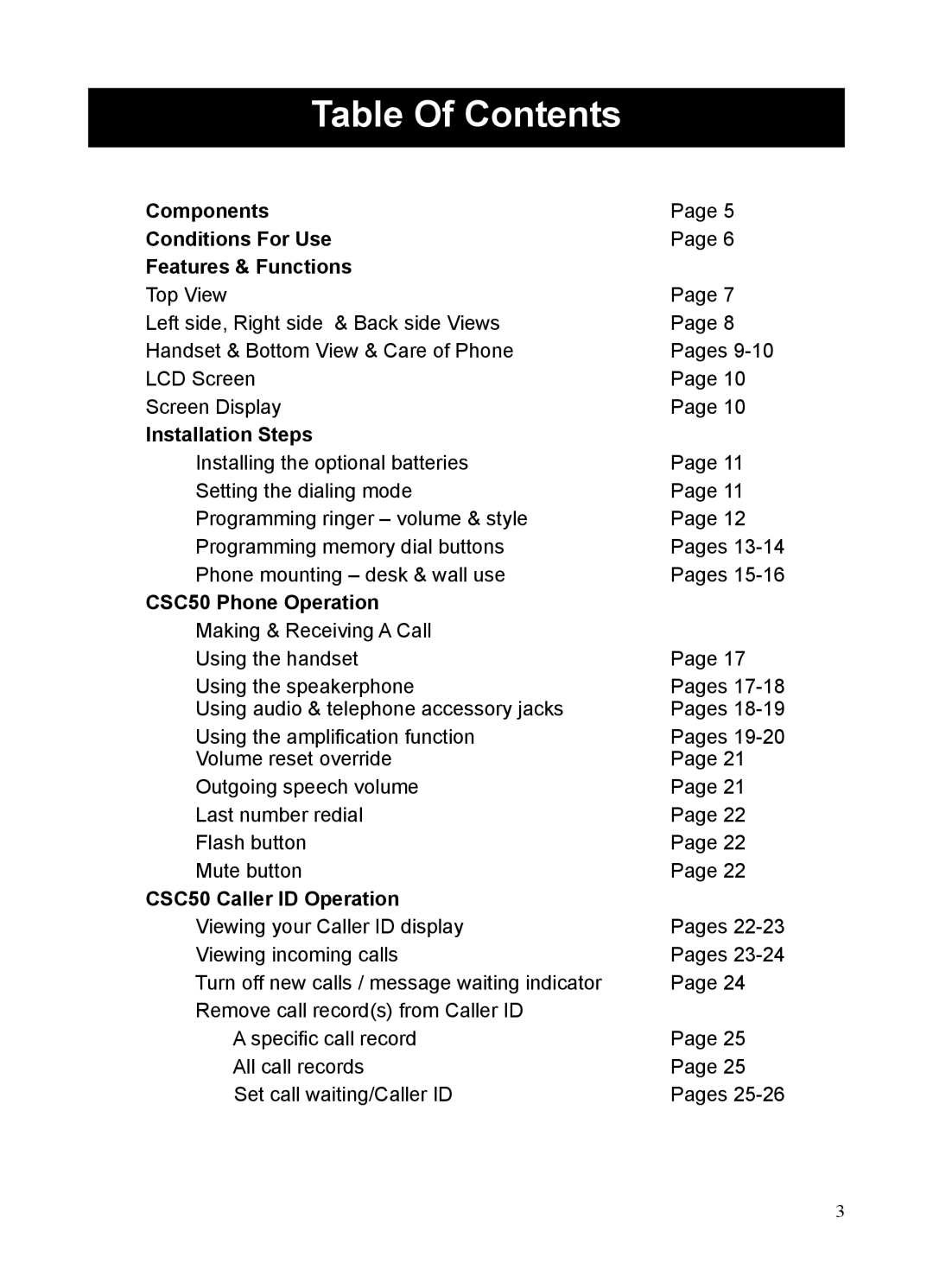 ClearSounds CSC50 user manual Table Of Contents 