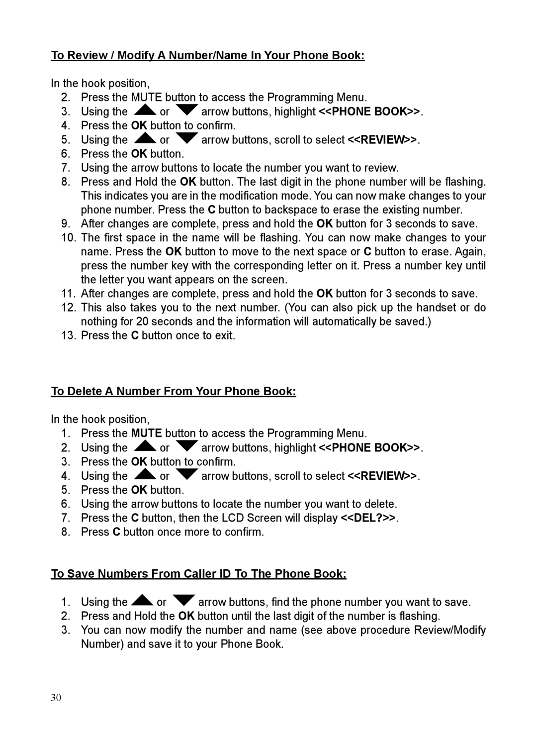 ClearSounds CSC50 user manual To Review / Modify a Number/Name In Your Phone Book, To Delete a Number From Your Phone Book 