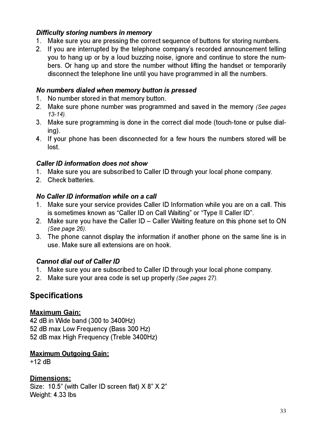 ClearSounds CSC50 user manual Speciﬁcations, Maximum Gain, Maximum Outgoing Gain, Dimensions 