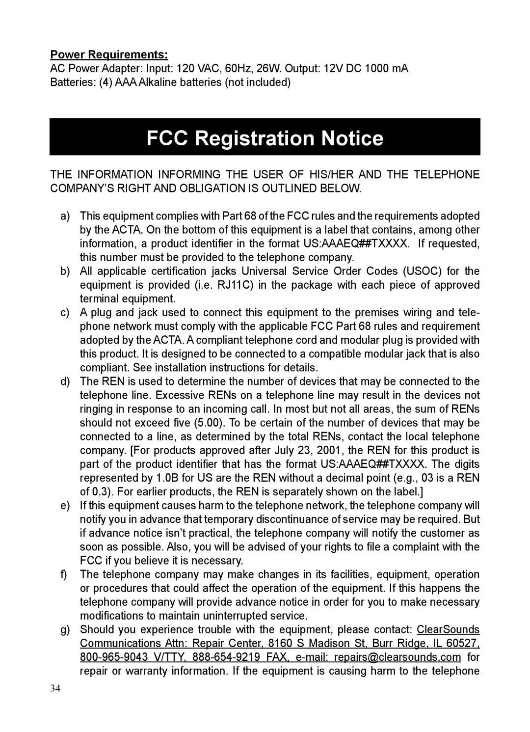 ClearSounds CSC50 user manual FCC Registration Notice, Power Requirements 