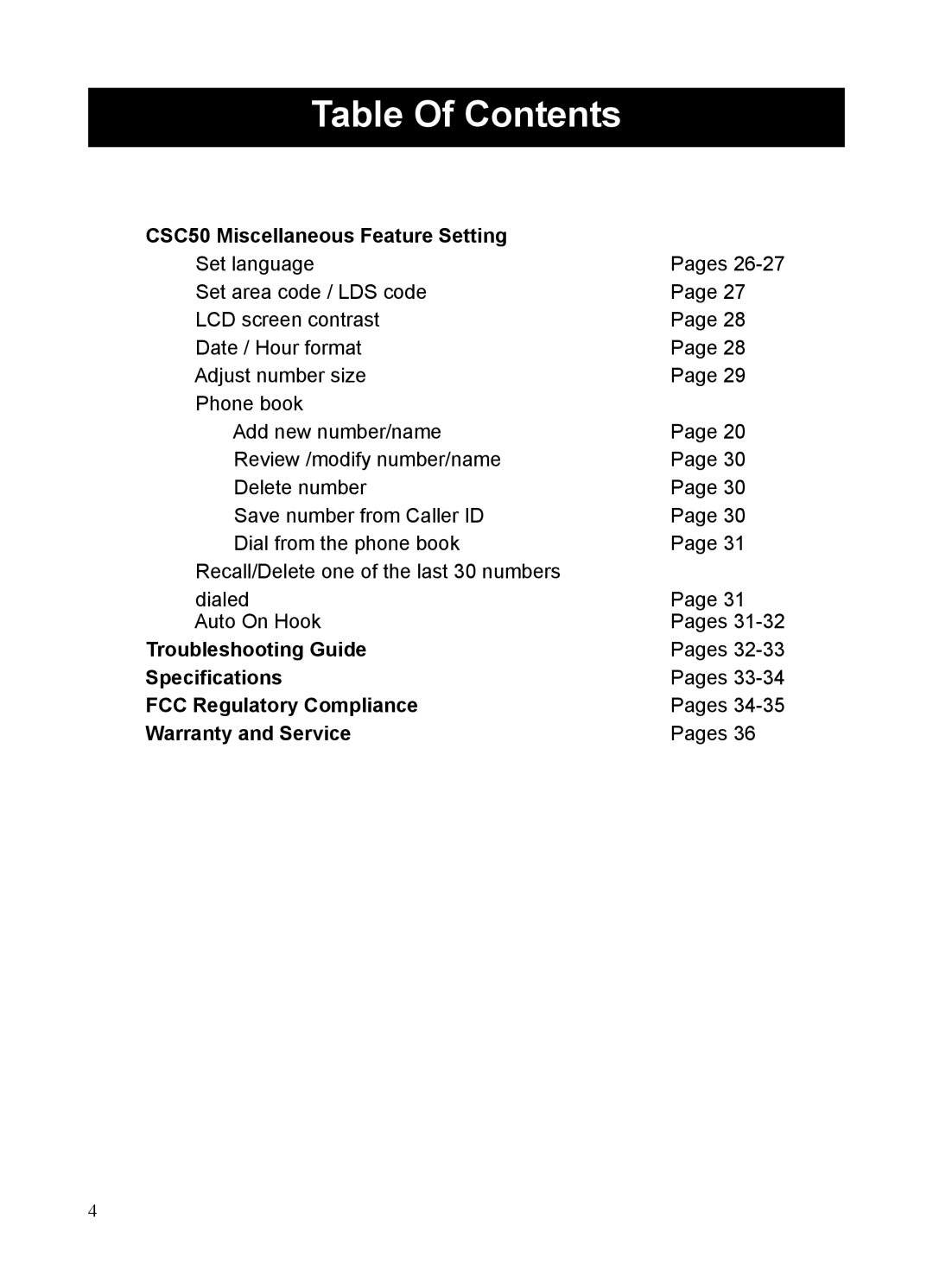 ClearSounds CSC50 Miscellaneous Feature Setting, Troubleshooting Guide, Speciﬁcations, FCC Regulatory Compliance 