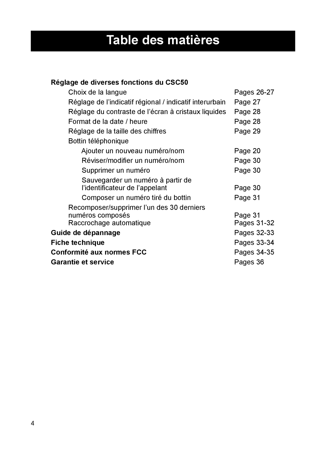 ClearSounds Réglage de diverses fonctions du CSC50, Guide de dépannage, Fiche technique, Conformité aux normes FCC 