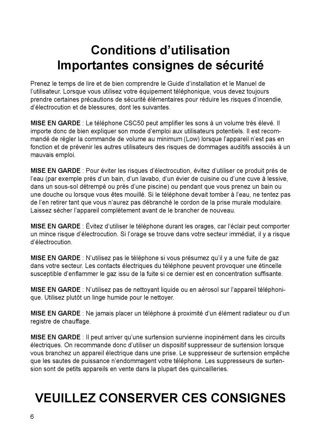 ClearSounds CSC50 user manual Veuillez Conserver CES Consignes 