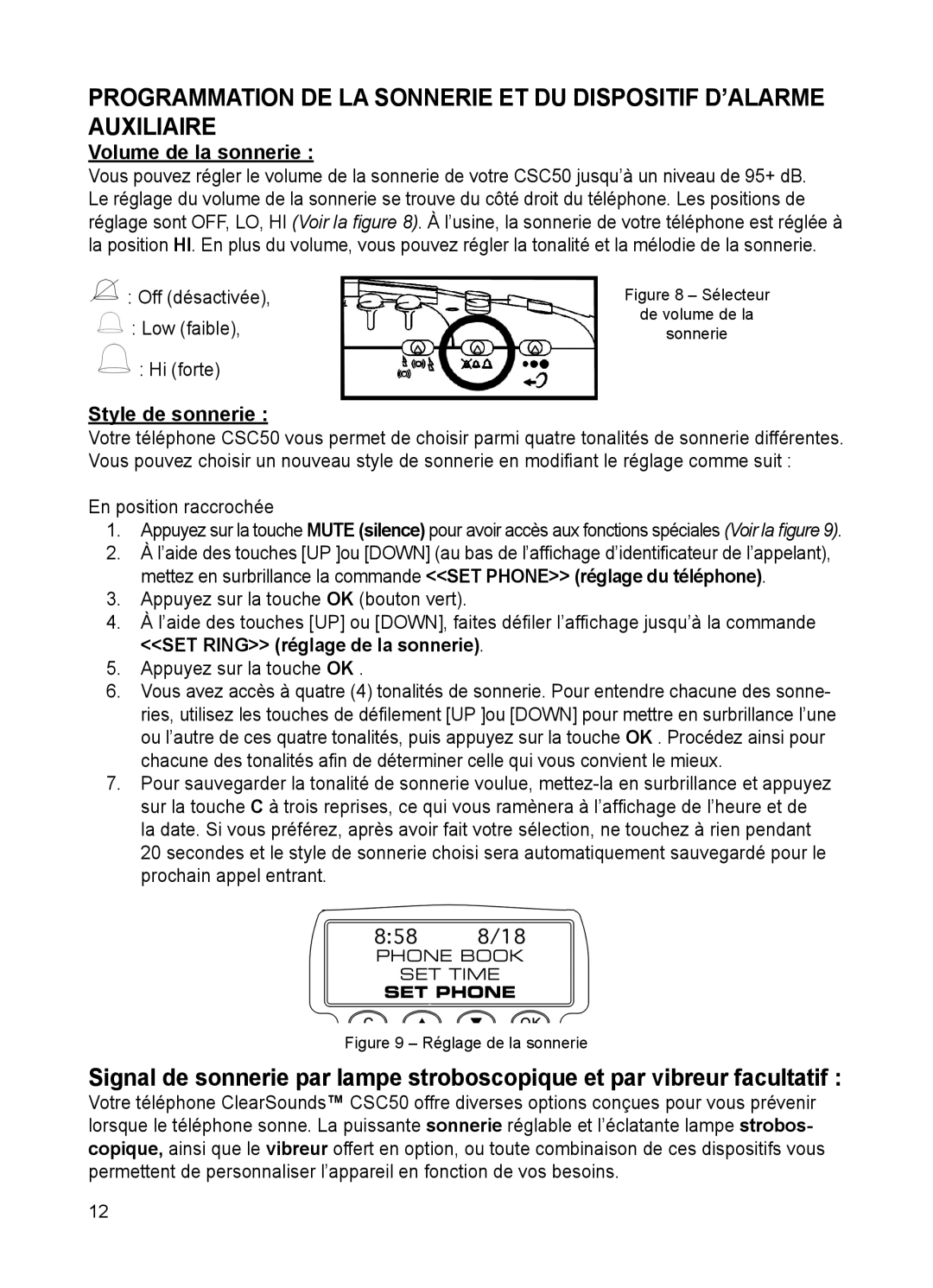 ClearSounds CSC50 user manual Volume de la sonnerie, Style de sonnerie 