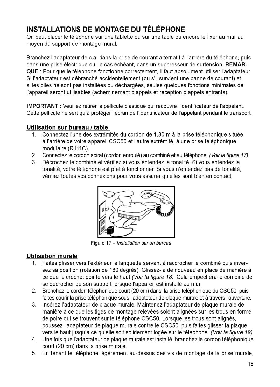 ClearSounds CSC50 user manual Installations DE Montage DU Téléphone, Utilisation sur bureau / table, Utilisation murale 