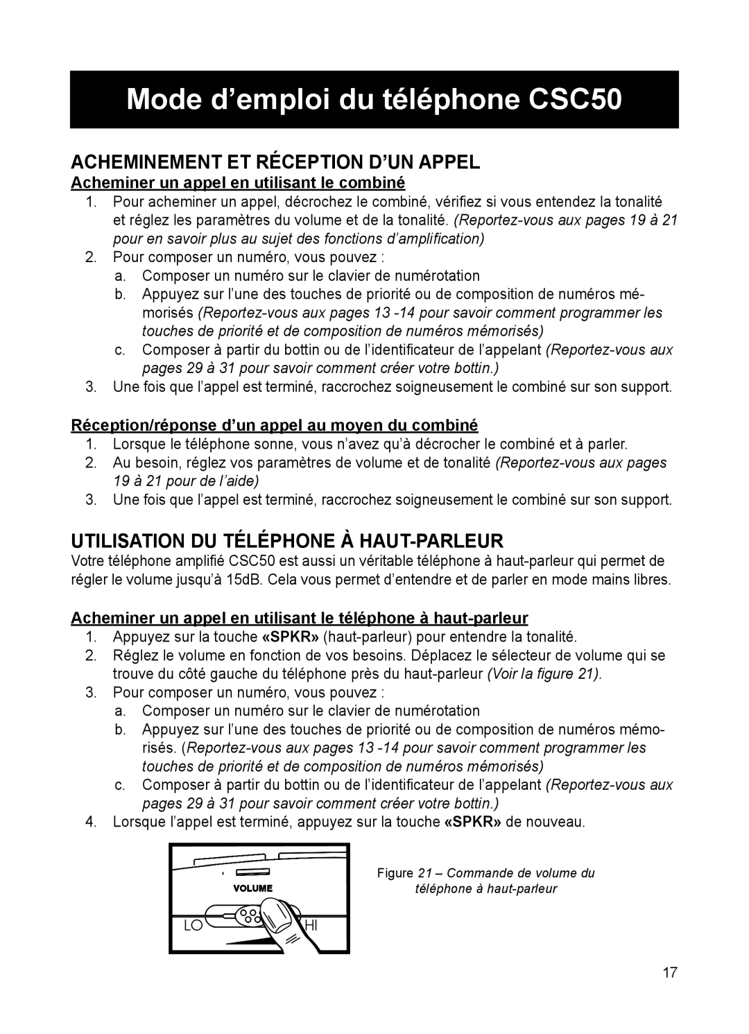 ClearSounds user manual Mode d’emploi du téléphone CSC50, Acheminement ET Réception D’UN Appel 