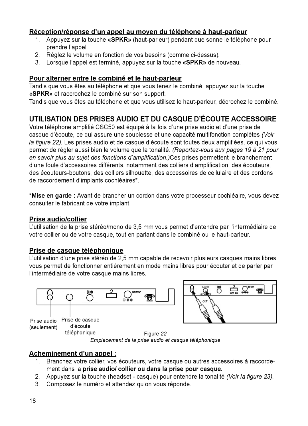 ClearSounds CSC50 Pour alterner entre le combiné et le haut-parleur, Prise audio/collier, Prise de casque téléphonique 