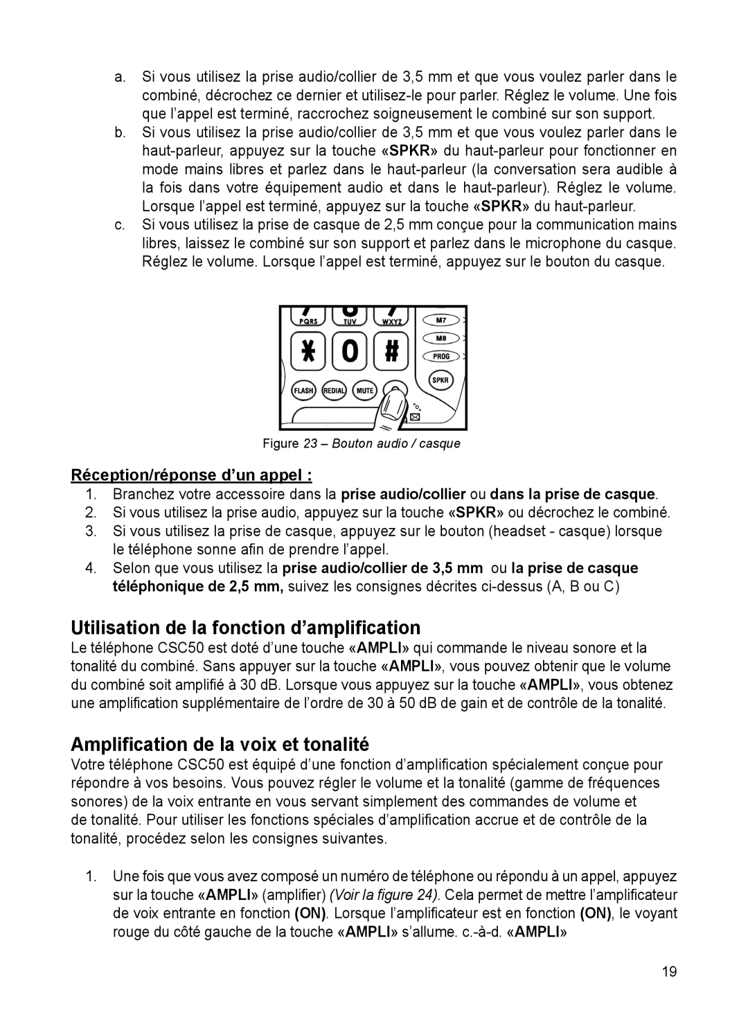 ClearSounds CSC50 user manual Utilisation de la fonction d’ampliﬁcation, Ampliﬁcation de la voix et tonalité 