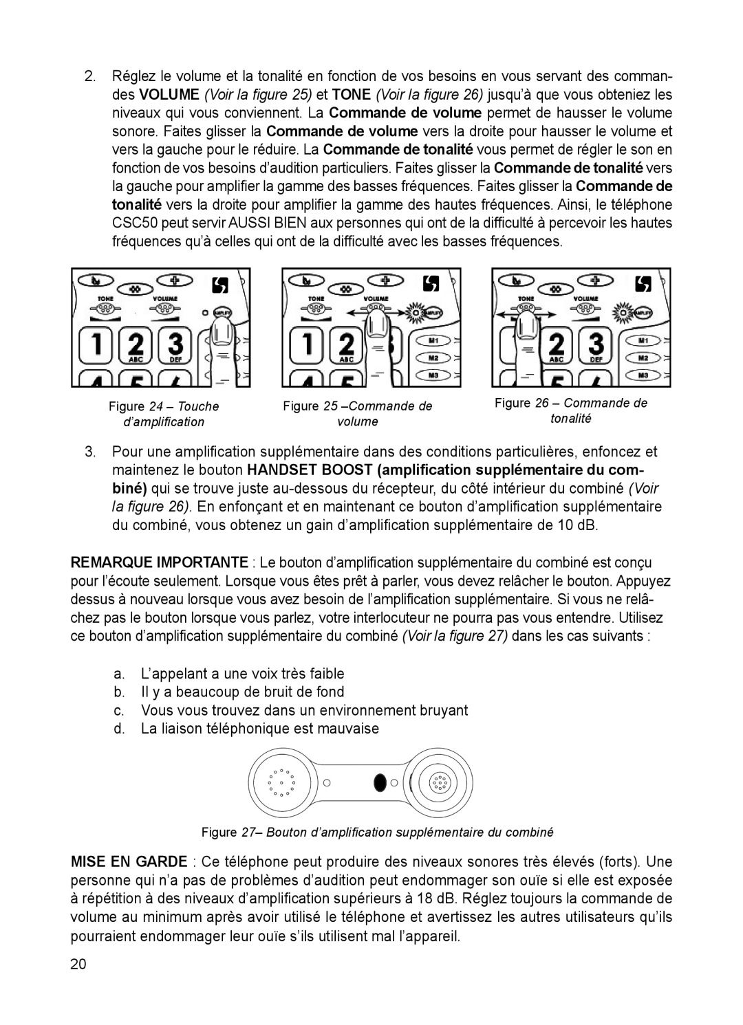 ClearSounds CSC50 user manual Bouton d’ampliﬁcation supplémentaire du combiné 