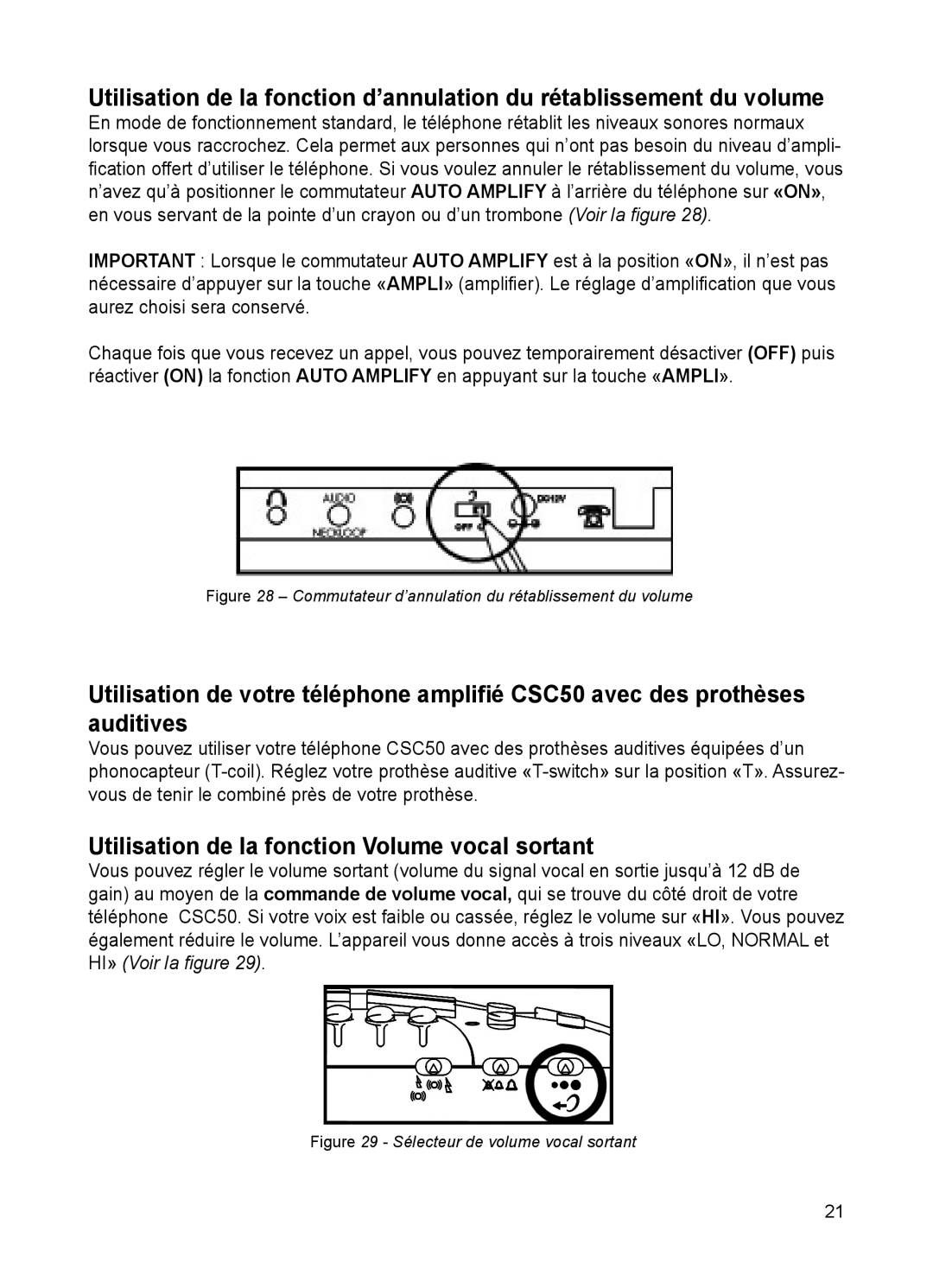 ClearSounds CSC50 Utilisation de la fonction Volume vocal sortant, Commutateur d’annulation du rétablissement du volume 