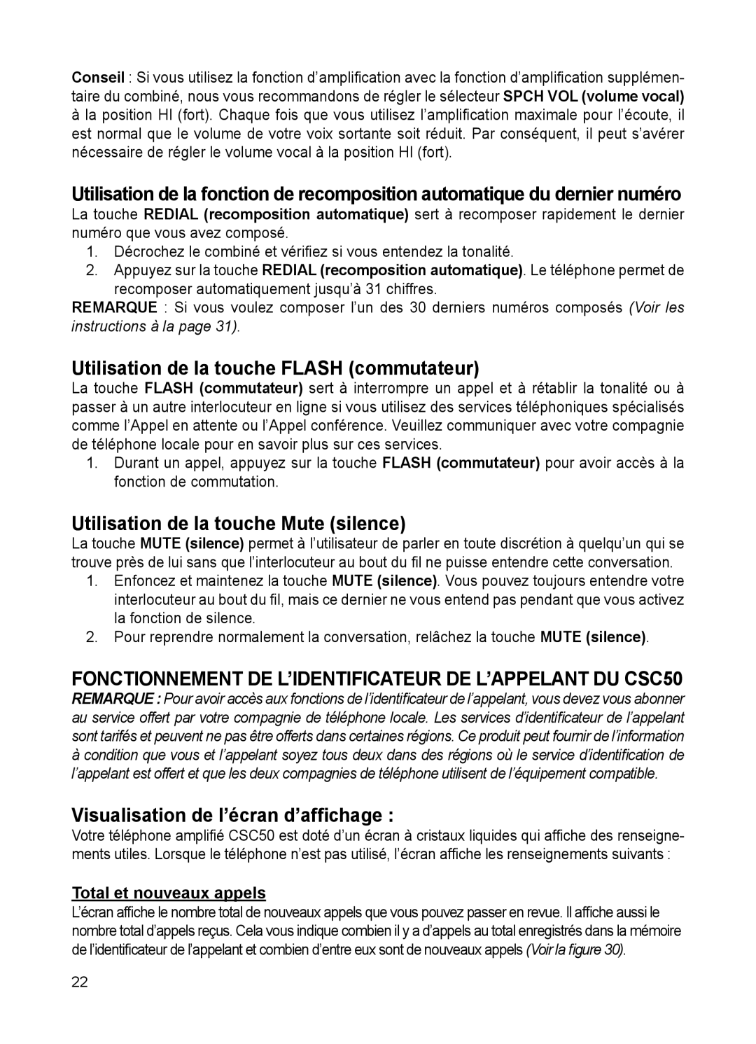 ClearSounds CSC50 user manual Utilisation de la touche Flash commutateur, Utilisation de la touche Mute silence 