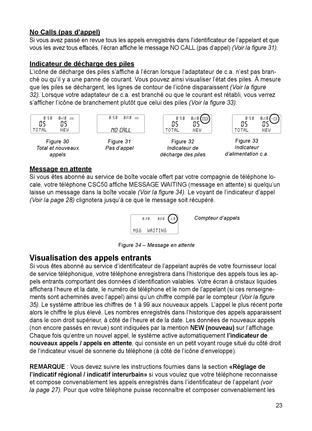 ClearSounds CSC50 user manual Visualisation des appels entrants, No Calls pas d’appel, Indicateur de décharge des piles 