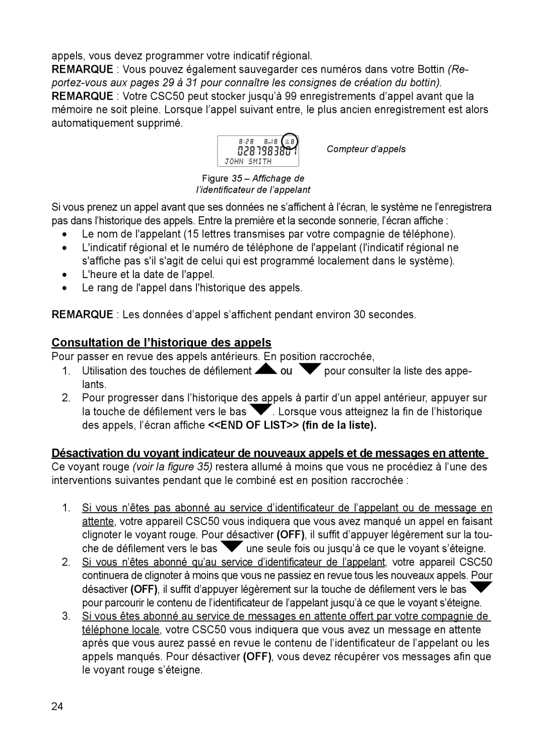 ClearSounds CSC50 user manual Consultation de l’historique des appels, Afﬁchage de l’identiﬁcateur de l’appelant 