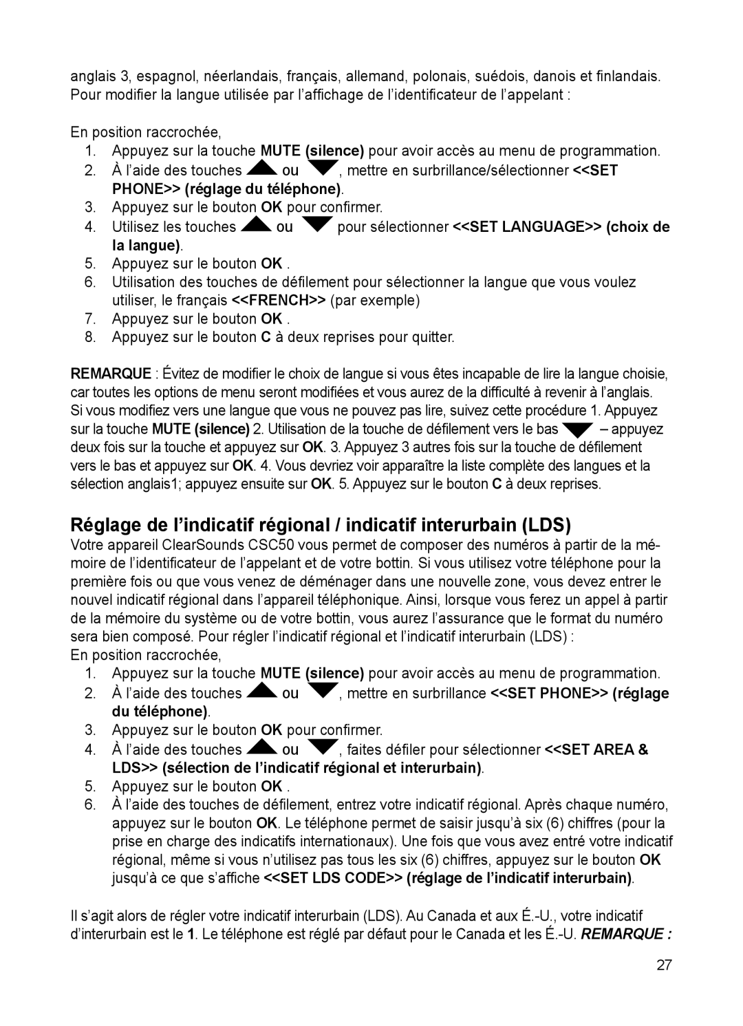 ClearSounds CSC50 user manual Réglage de l’indicatif régional / indicatif interurbain LDS 