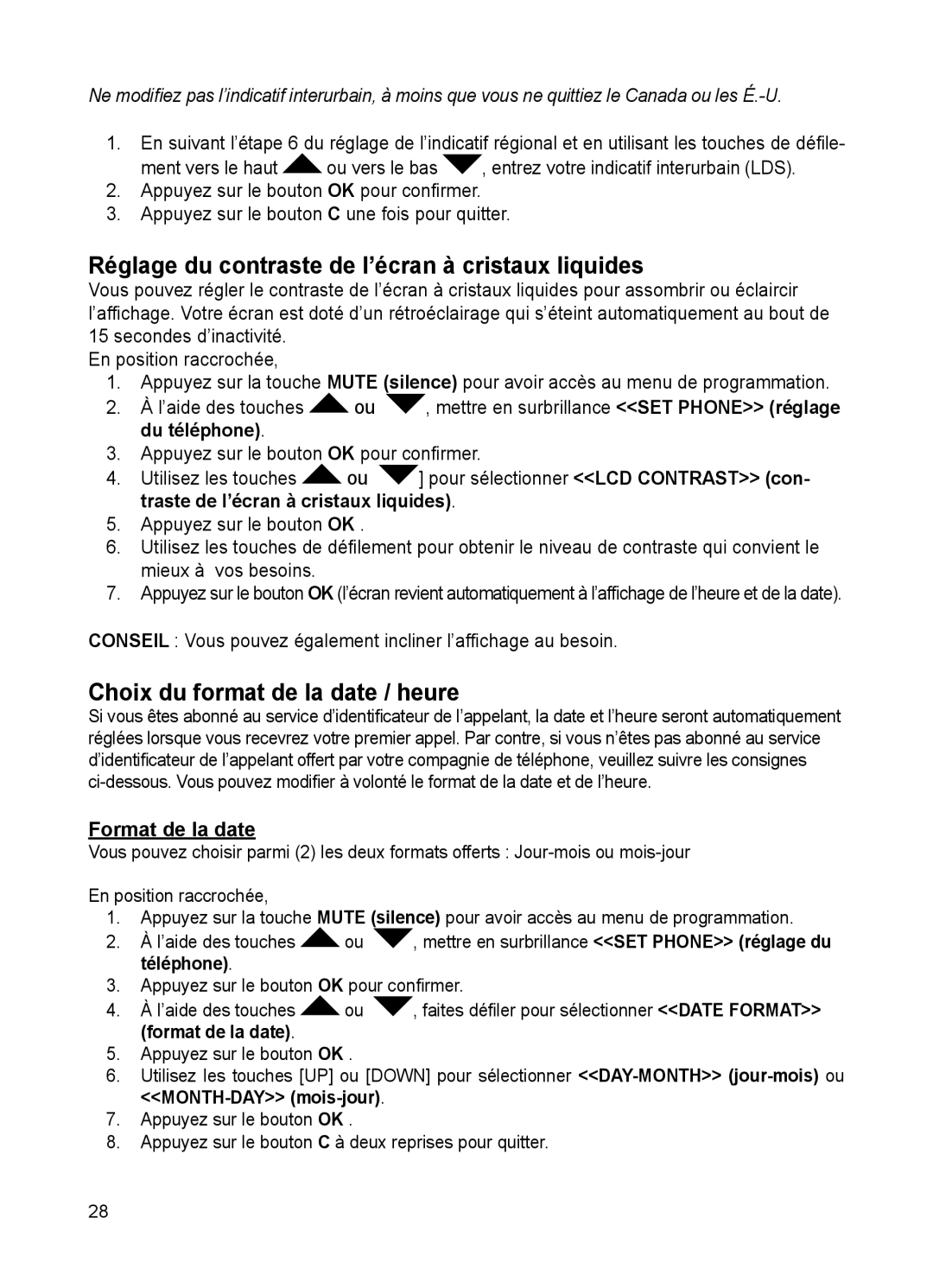 ClearSounds CSC50 Réglage du contraste de l’écran à cristaux liquides, Choix du format de la date / heure, Du téléphone 