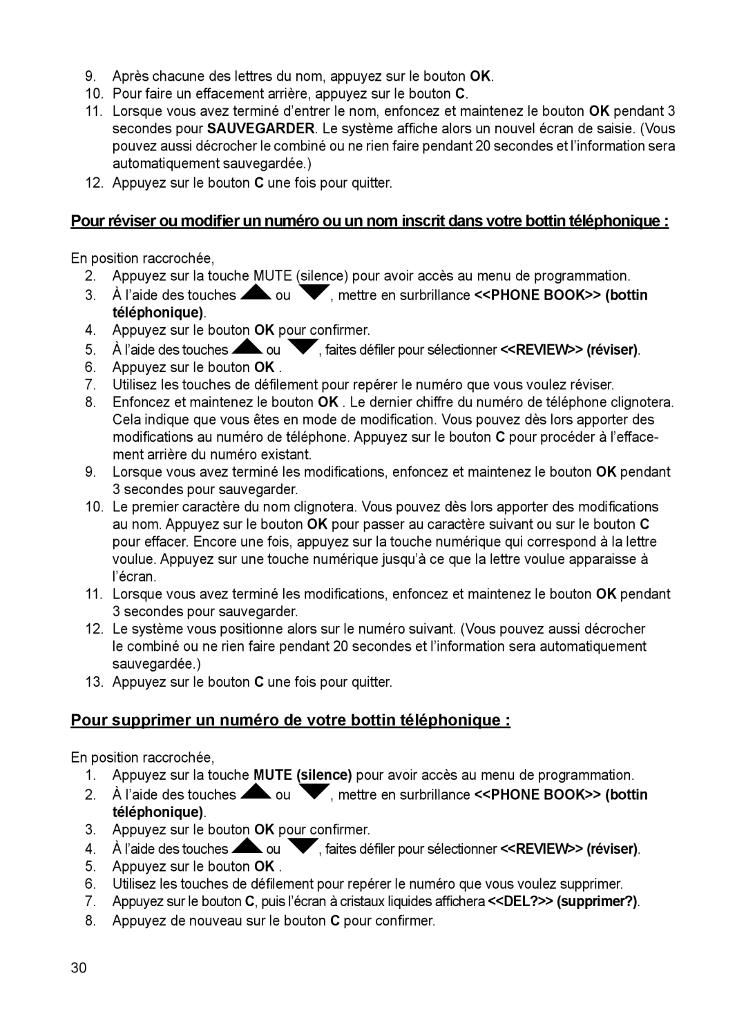 ClearSounds CSC50 user manual Pour supprimer un numéro de votre bottin téléphonique 