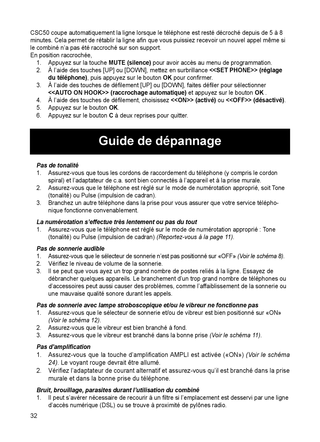 ClearSounds CSC50 user manual Guide de dépannage, Pas de tonalité 