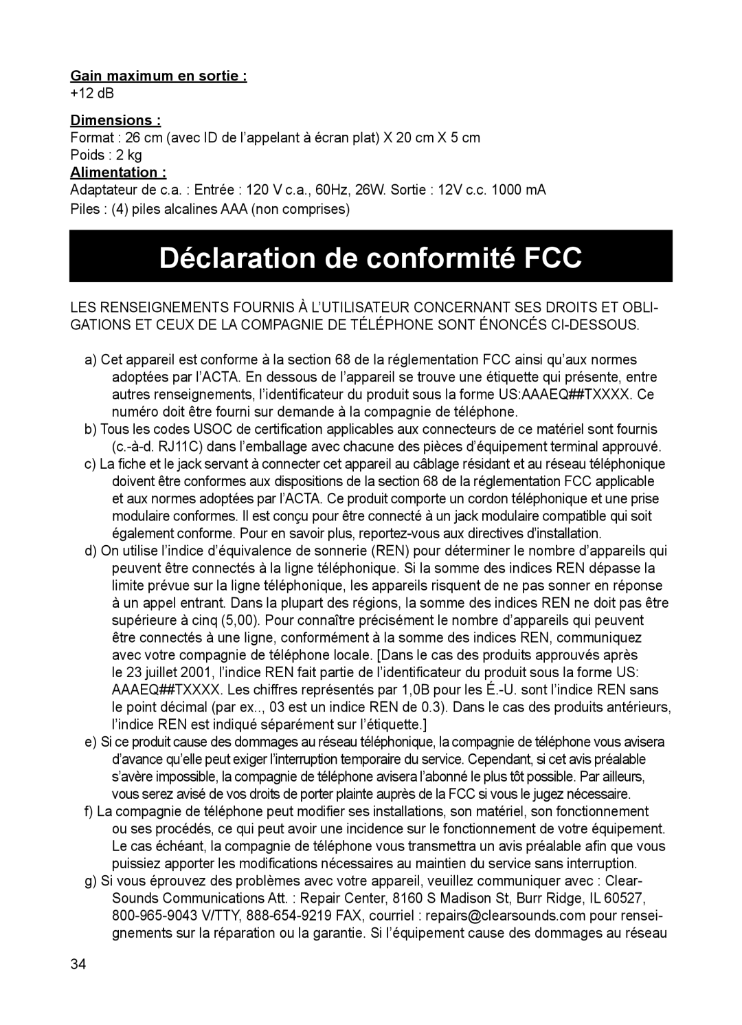 ClearSounds CSC50 user manual Déclaration de conformité FCC, Gain maximum en sortie, Dimensions, Alimentation 