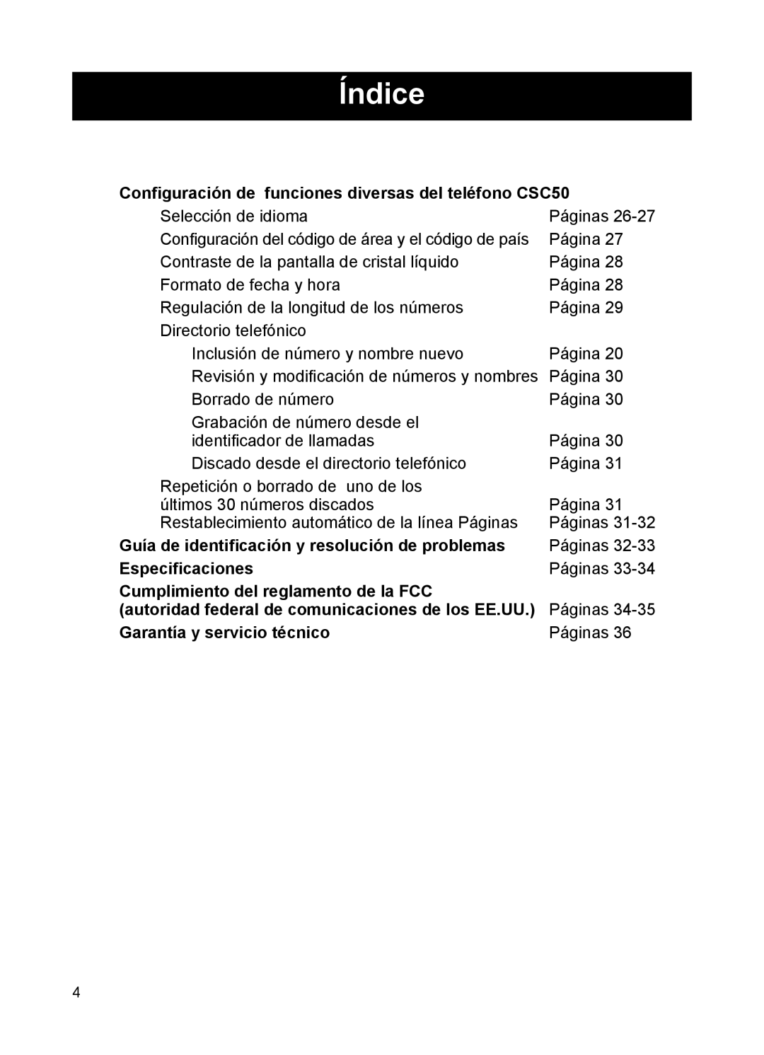 ClearSounds Índice, Conﬁguración de funciones diversas del teléfono CSC50, Especiﬁcaciones, Garantía y servicio técnico 