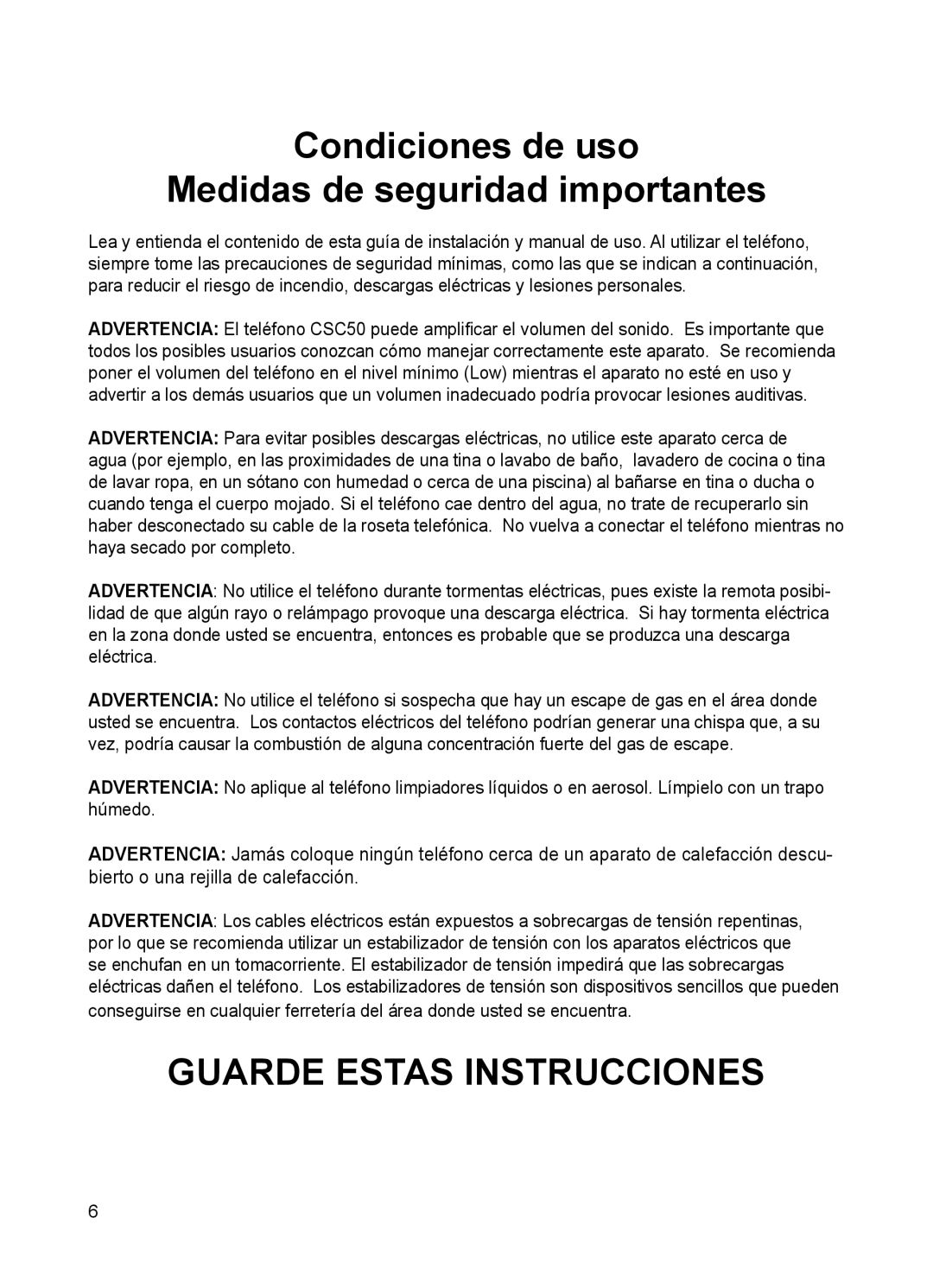 ClearSounds CSC50 user manual Guarde Estas Instrucciones 